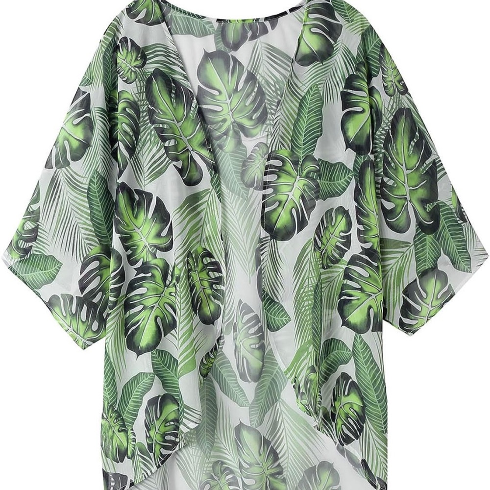 Women's Palm Beach Puff Sleeve Kimono Cardigan Loose Cover Up Swim - Picture 2 of 2